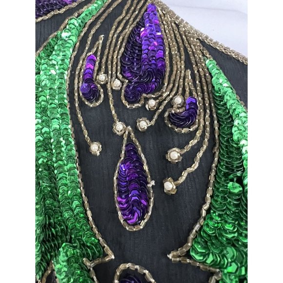 Vtg 80s Beaded Sequin Top Sz Small Black Jewel Tones S Mob Wife Festive Glam - Picture 6 of 9